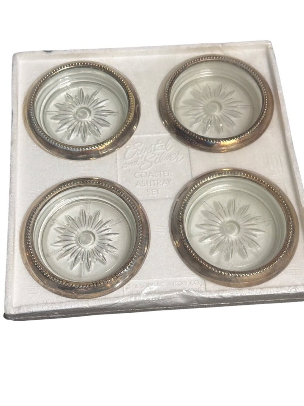 Vintage Set 4 Crystal Silver Coaster Ashtray Set W&S Blackinton Co. New Sealed